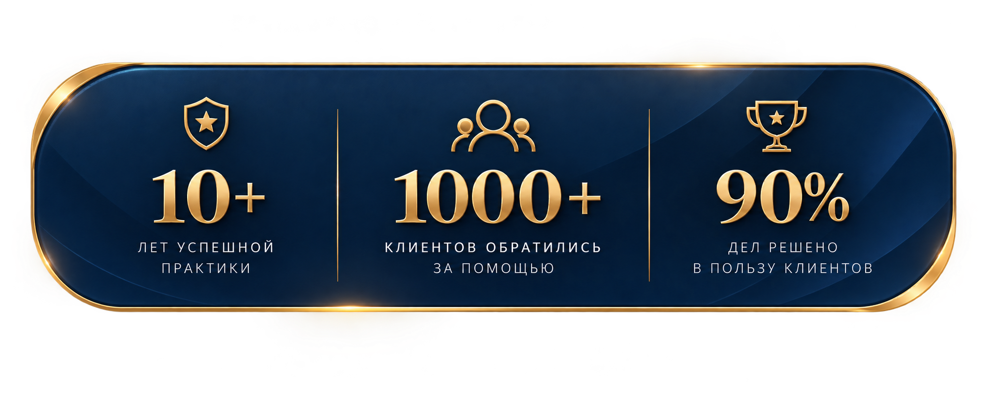 10+ лет успешной практики, 1000+ клиентов обратились за помощью, 90% дел решено в пользу клиентов